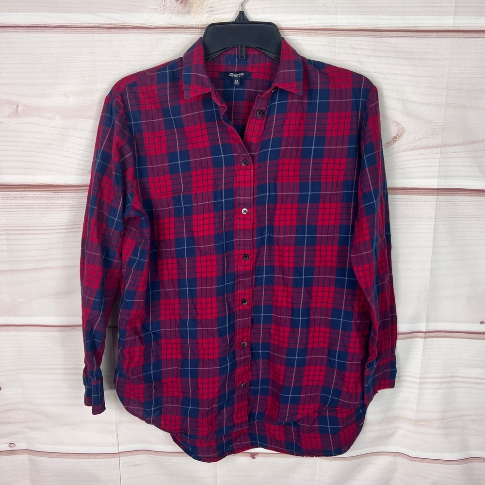 Madewell Top Womens XS Blue Red Plaid Shirt Button Up Long Sleeve Lightweight
